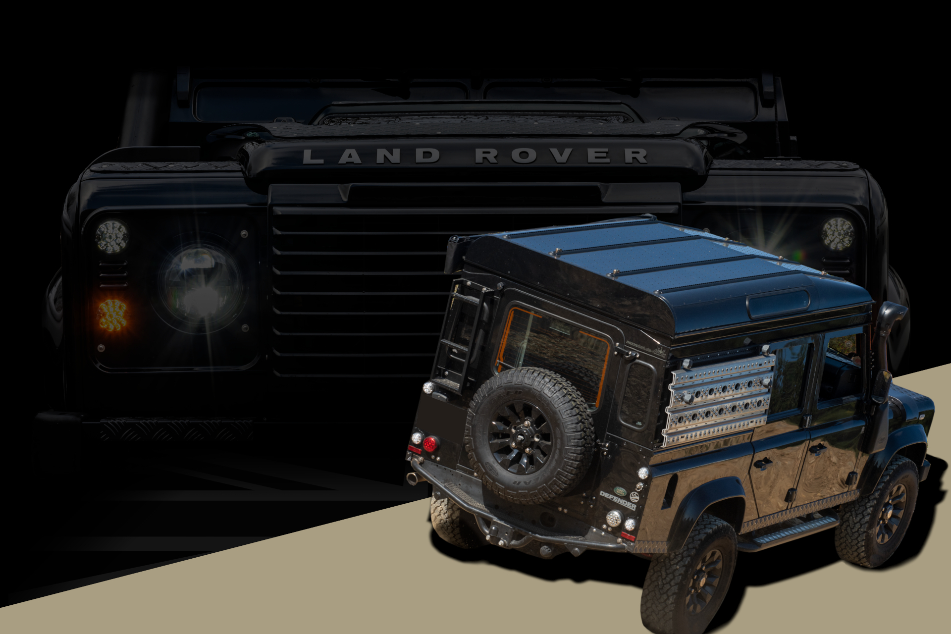 Schwarzer Land Rover Defender mit Hubdach LAAVU und Anbauteilen