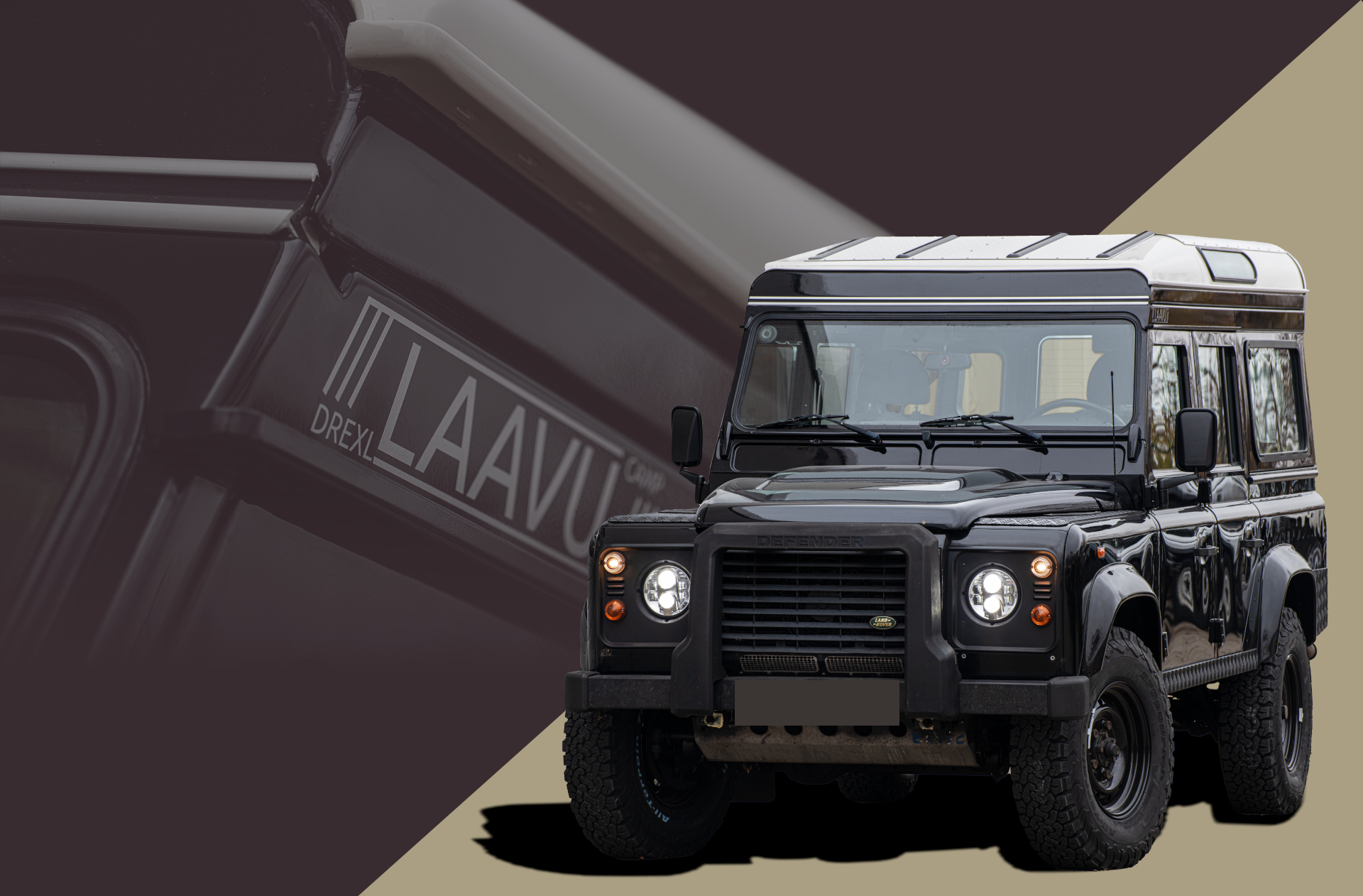 Schwarzer Land Rover Defender mit Hubdach LAAVU