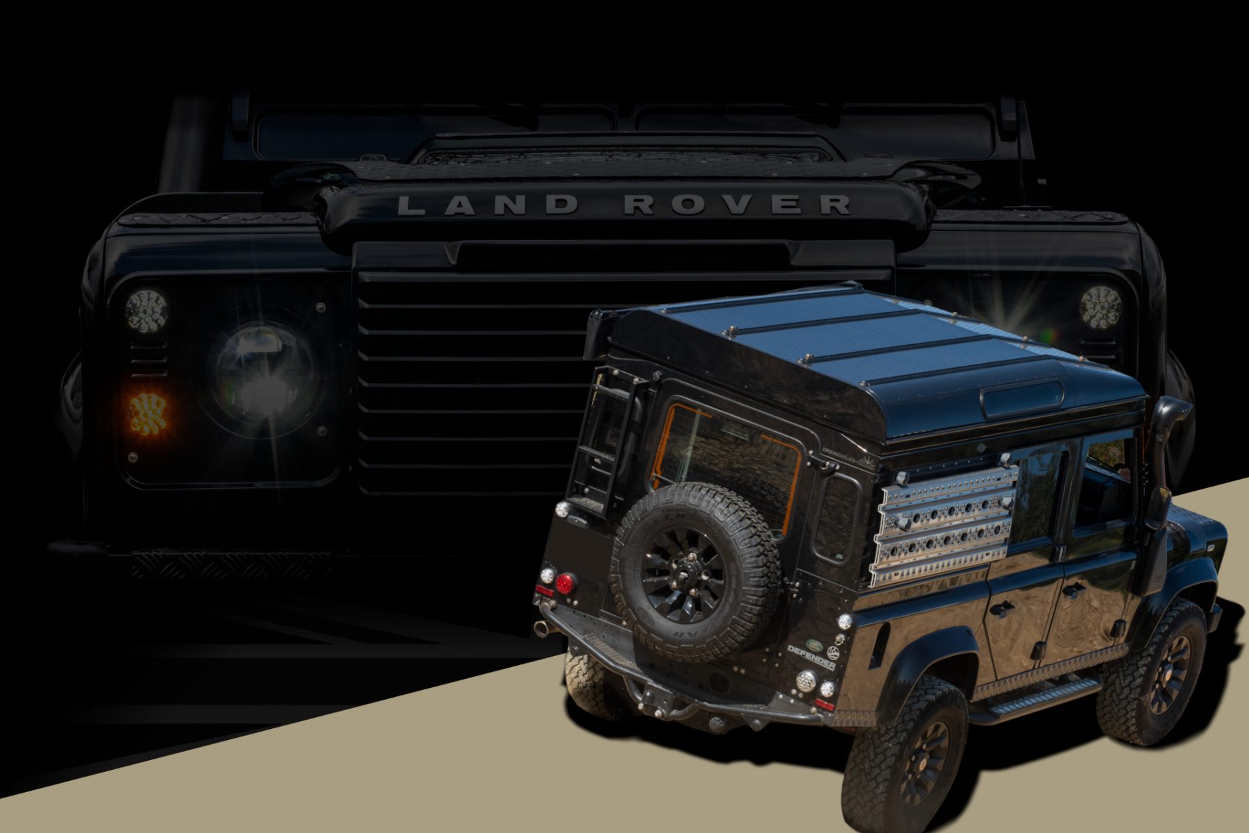 Schwarzer Land Rover Defender mit Hubdach LAAVU und Anbauteilen